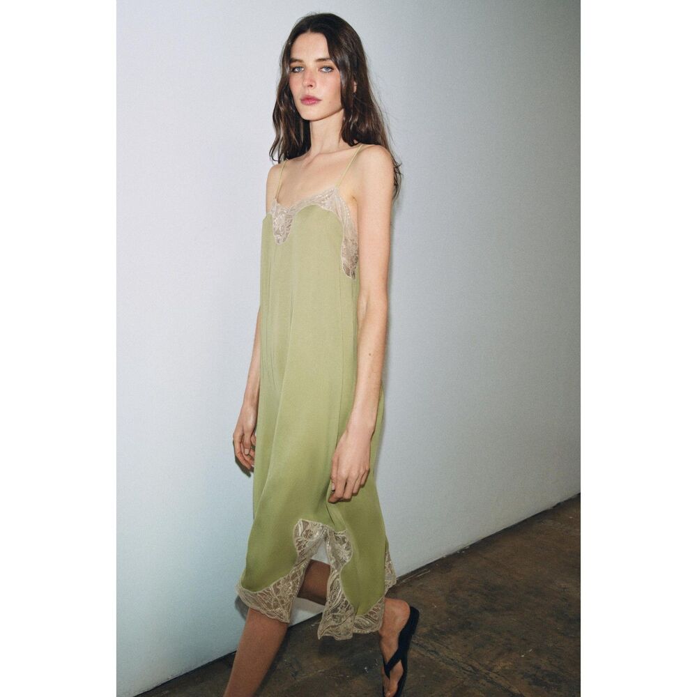 ZARA ZW Collection Satin Lace Midi Dress Pistachio NWT Size M Rare Sold Out